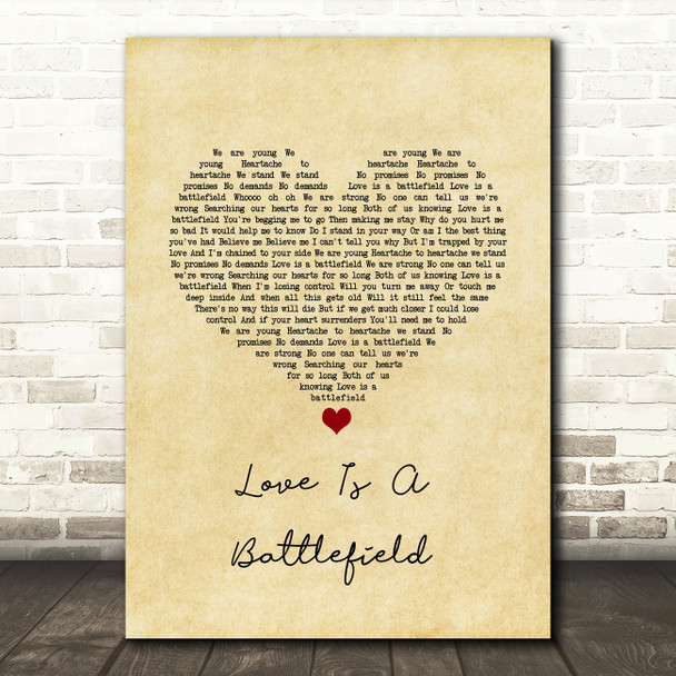 Pat Benatar Love Is A Battlefield Vintage Heart Song Lyric Quote Music Poster Print