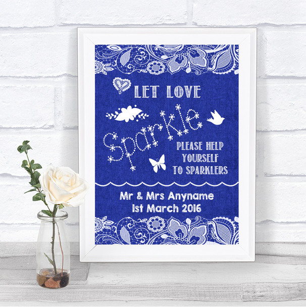Navy Blue Burlap & Lace Let Love Sparkle Sparkler Send Off Wedding Sign