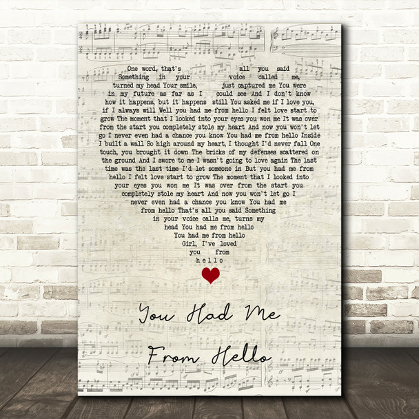 Kenny Chesney You Had Me From Hello Script Heart Song Lyric Quote Music Poster Print