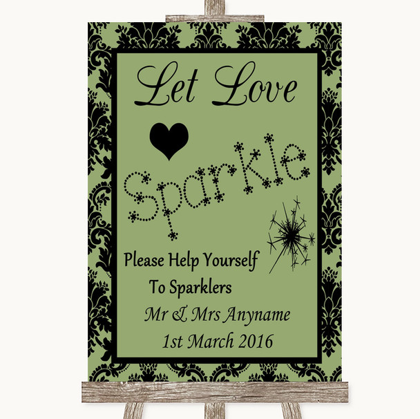 Sage Green Damask Let Love Sparkle Sparkler Send Off Personalized Wedding Sign