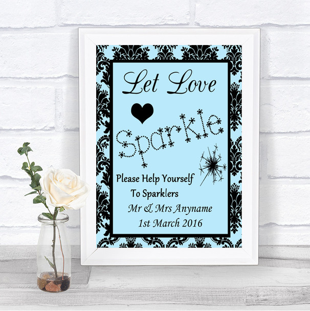 Sky Blue Damask Let Love Sparkle Sparkler Send Off Personalized Wedding Sign