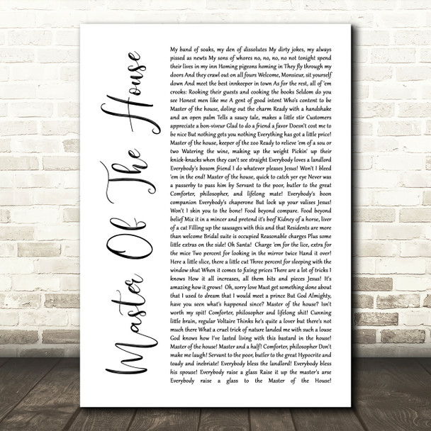 Les Miserables Cast Master Of The House White Script Song Lyric Quote Music Poster Print