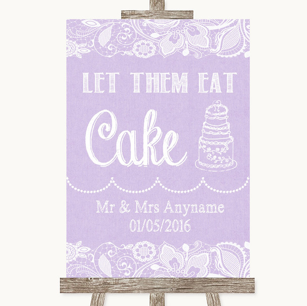 Lilac Burlap & Lace Let Them Eat Cake Personalized Wedding Sign