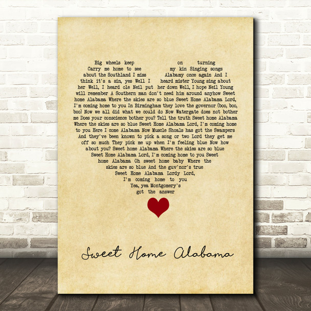 Lynyrd Skynyrd Sweet Home Alabama Vintage Heart Song Lyric Quote Music Poster Print