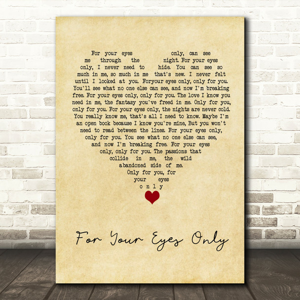Sheena Easton For Your Eyes Only Vintage Heart Song Lyric Quote Music Poster Print