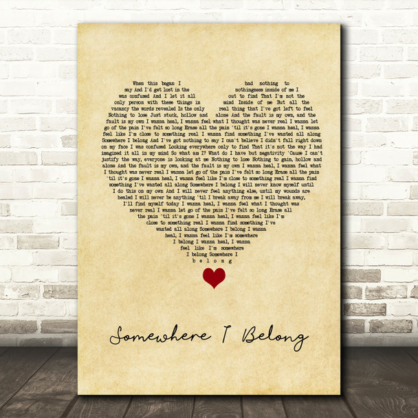 Linkin Park Somewhere I Belong Vintage Heart Song Lyric Quote Music Poster Print