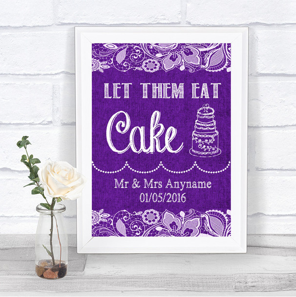 Purple Burlap & Lace Let Them Eat Cake Personalized Wedding Sign