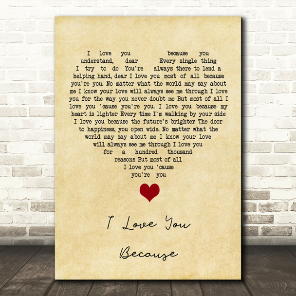 Jim Reeves I Love You Because Vintage Heart Song Lyric Quote Music Poster Print