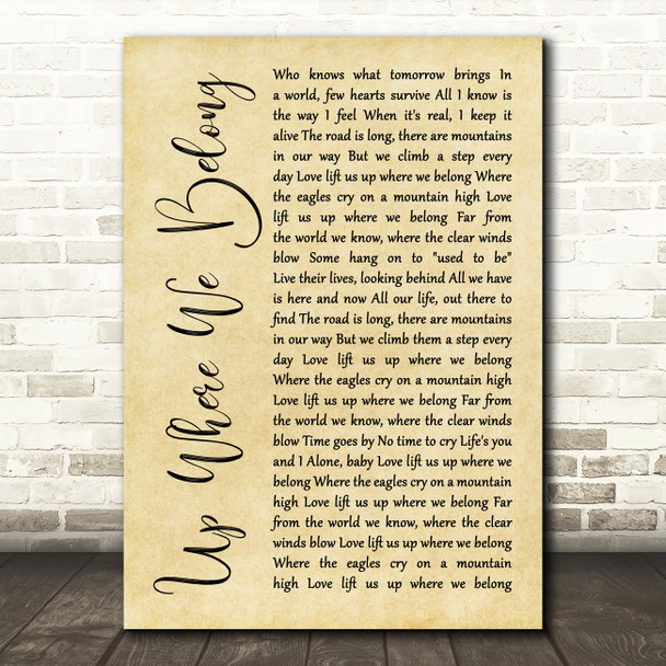 Joe Cocker Up Where We Belong Rustic Script Song Lyric Quote Music Poster Print