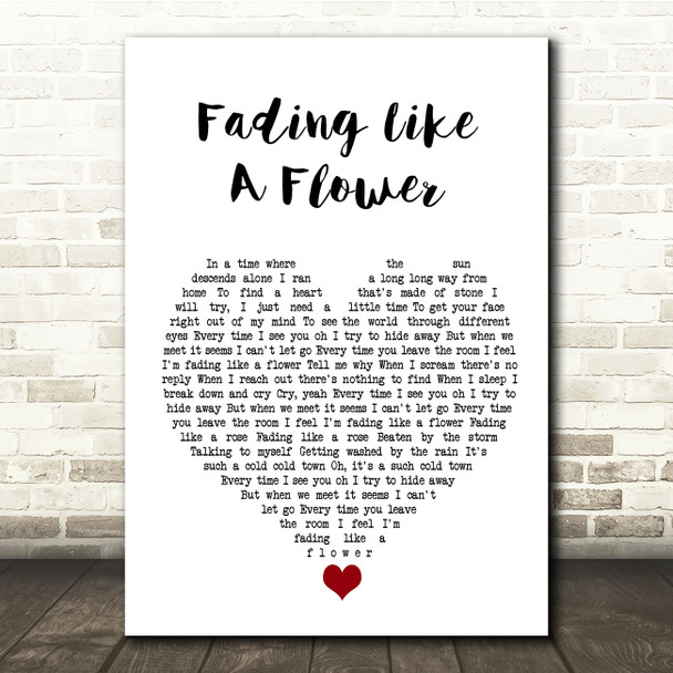 Roxette Fading Like A Flower White Heart Song Lyric Quote Music Poster Print