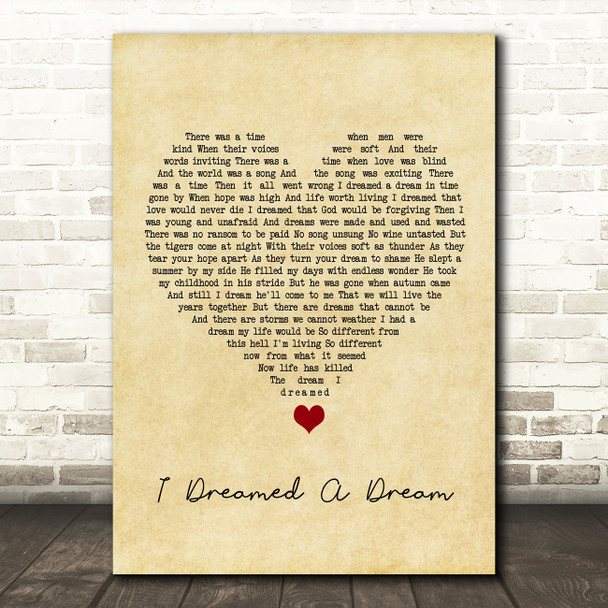 Les Misérables I Dreamed A Dream Vintage Heart Song Lyric Quote Music Poster Print