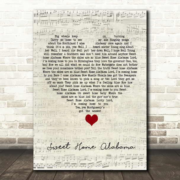 Lynyrd Skynyrd Sweet Home Alabama Script Heart Song Lyric Quote Music Poster Print