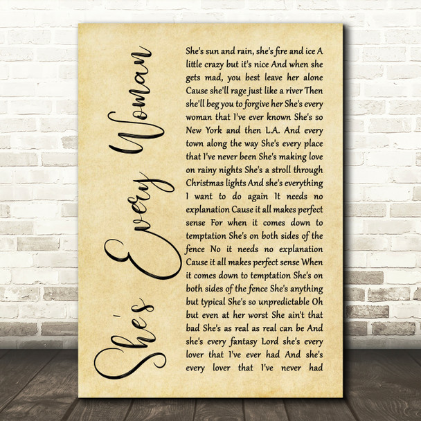 Garth Brooks She's Every Woman Rustic Script Song Lyric Quote Music Poster Print