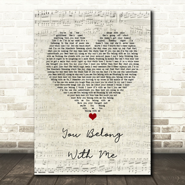 Taylor Swift You Belong With Me Script Heart Song Lyric Quote Music Poster Print