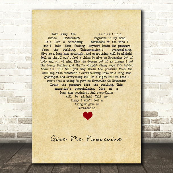 Green Day Give Me Novacaine Vintage Heart Song Lyric Quote Music Poster Print