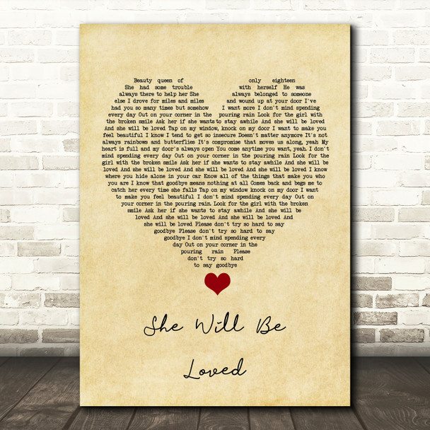 Maroon 5 She Will Be Loved Vintage Heart Song Lyric Quote Music Poster Print