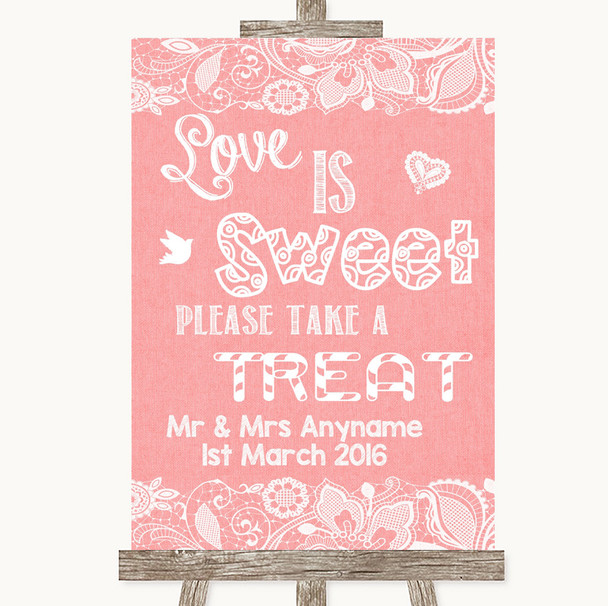 Coral Burlap & Lace Love Is Sweet Take A Treat Candy Buffet Wedding Sign