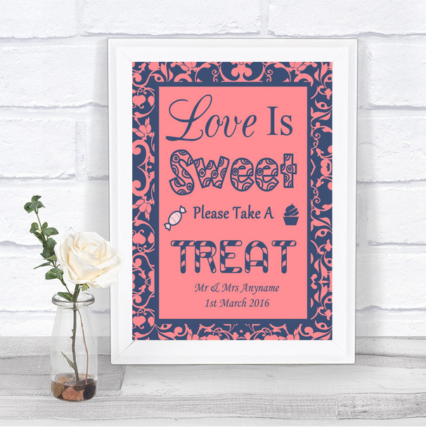 Coral Pink & Blue Love Is Sweet Take A Treat Candy Buffet Wedding Sign