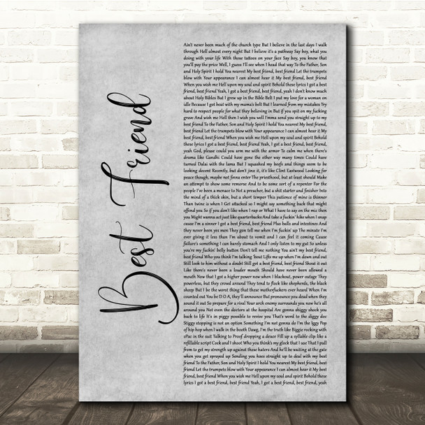 Yelawolf ft. Eminem Best Friend Grey Rustic Script Song Lyric Quote Music Poster Print