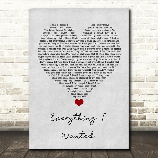 Billie Eilish Everything I Wanted Grey Heart Song Lyric Quote Music Poster Print