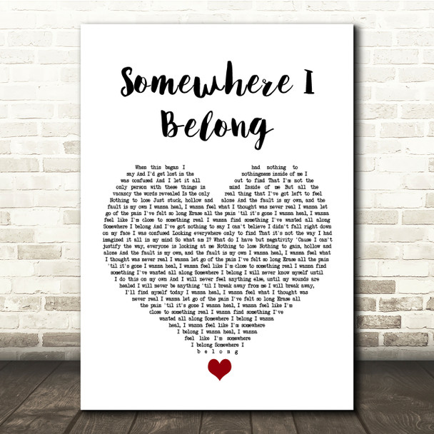 Linkin Park Somewhere I Belong White Heart Song Lyric Quote Music Poster Print