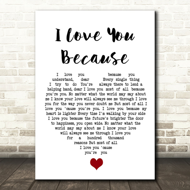 Jim Reeves I Love You Because White Heart Song Lyric Quote Music Poster Print