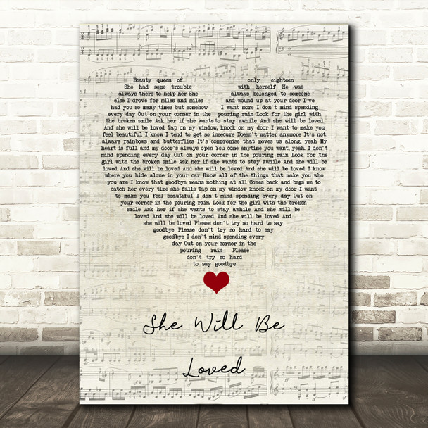 Maroon 5 She Will Be Loved Script Heart Song Lyric Quote Music Poster Print