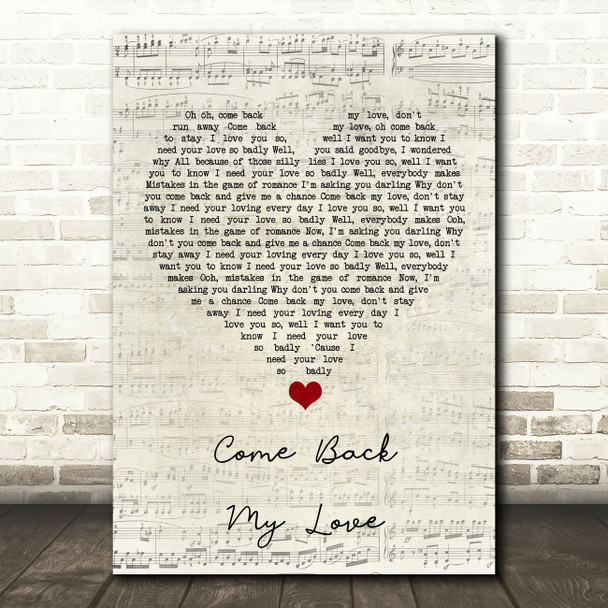 Darts Come back my love Script Heart Song Lyric Quote Music Poster Print