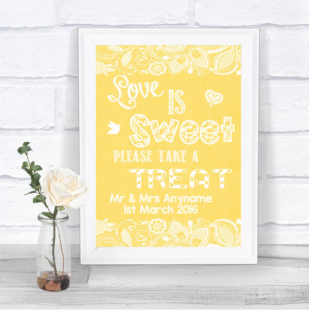 Yellow Burlap & Lace Love Is Sweet Take A Treat Candy Buffet Wedding Sign