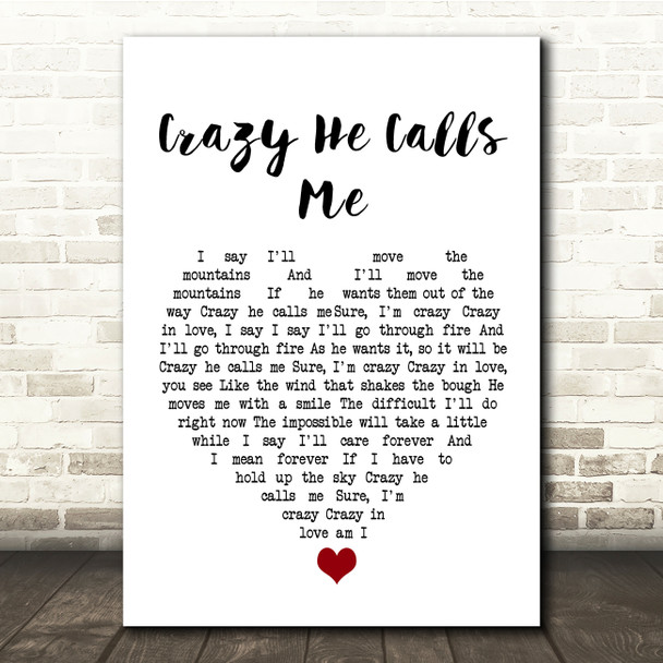 Billie Holiday Crazy He Calls Me White Heart Song Lyric Quote Music Poster Print