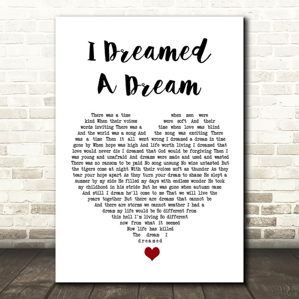 Les Misérables I Dreamed A Dream White Heart Song Lyric Quote Music Poster Print