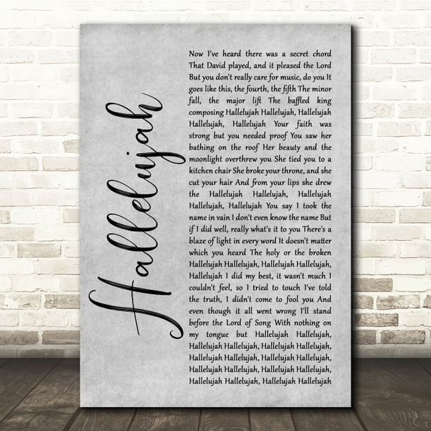 Leonard Cohen Hallelujah Grey Rustic Script Song Lyric Quote Music Poster Print