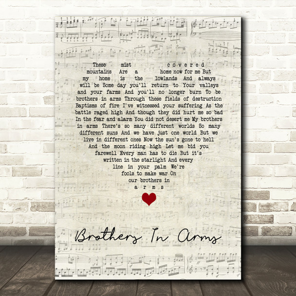 Dire Straits Brothers In Arms Script Heart Song Lyric Quote Music Poster Print