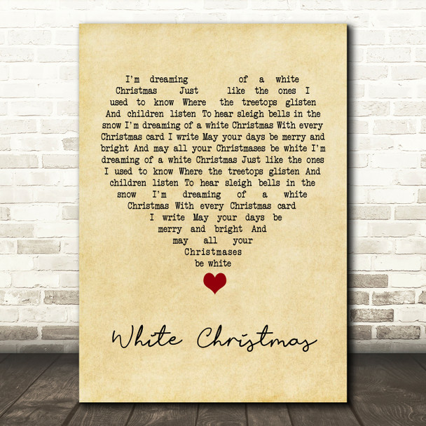 Bing Crosby White Christmas Vintage Heart Song Lyric Quote Music Poster Print