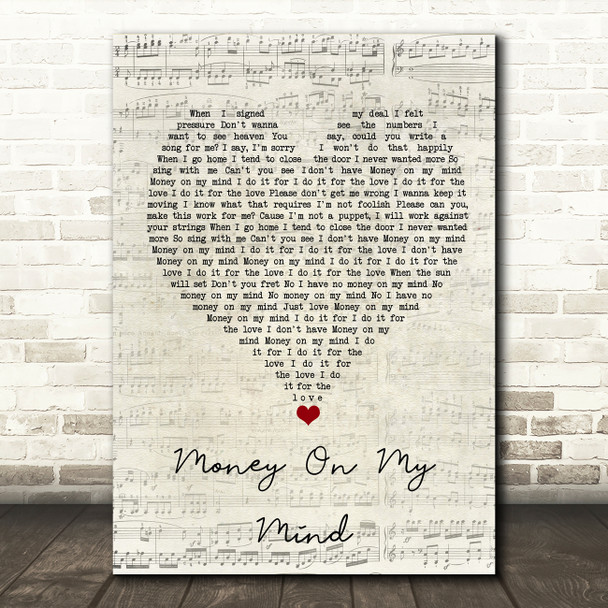 Sam Smith Money On My Mind Script Heart Song Lyric Quote Music Poster Print