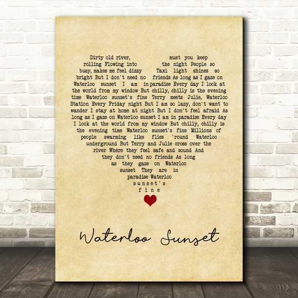 The Kinks Waterloo Sunset Vintage Heart Song Lyric Quote Music Poster Print
