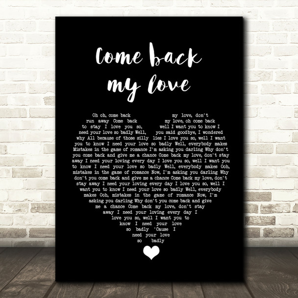 Darts Come back my love Black Heart Song Lyric Quote Music Poster Print