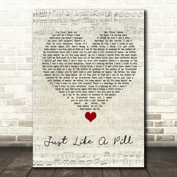 Pink Just Like A Pill Script Heart Song Lyric Quote Music Poster Print