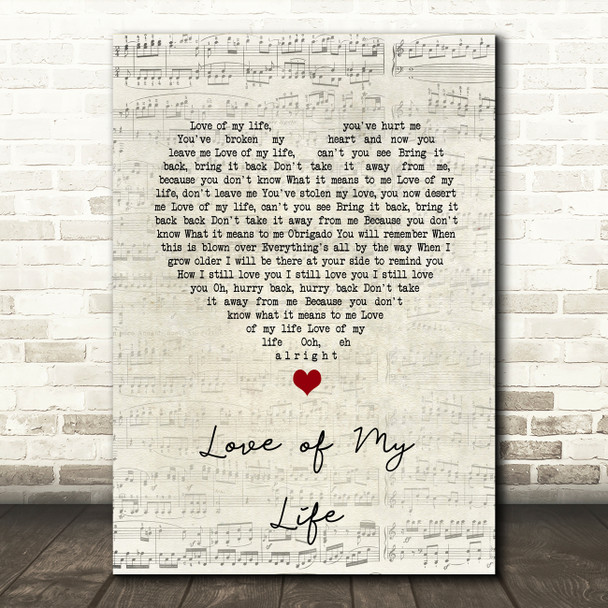 Freddie Mercury Love of My Life Script Heart Song Lyric Quote Music Poster Print