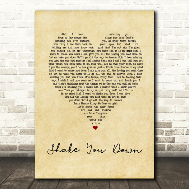 Gregory Abbott Shake You Down Vintage Heart Song Lyric Quote Music Poster Print