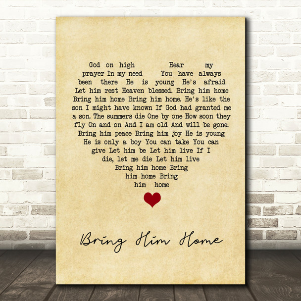 Susan Boyle Bring Him Home Vintage Heart Song Lyric Quote Music Poster Print