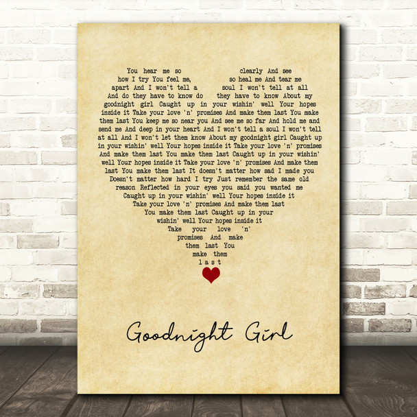 Wet Wet Wet Goodnight Girl Vintage Heart Song Lyric Quote Music Poster Print