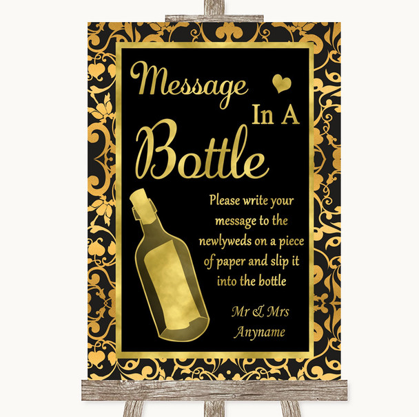 Black & Gold Damask Message In A Bottle Personalized Wedding Sign