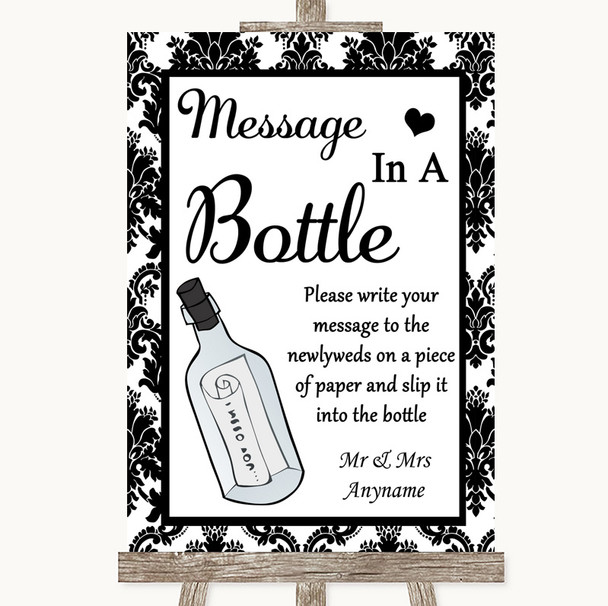 Black & White Damask Message In A Bottle Personalized Wedding Sign