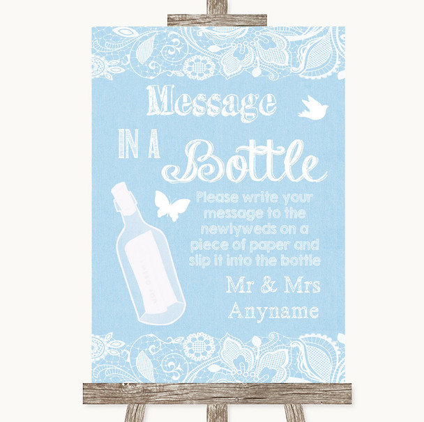 Blue Burlap & Lace Message In A Bottle Personalized Wedding Sign