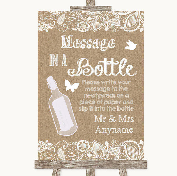 Burlap & Lace Message In A Bottle Personalized Wedding Sign