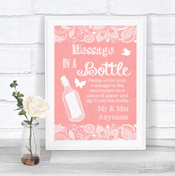 Coral Burlap & Lace Message In A Bottle Personalized Wedding Sign