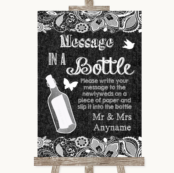 Dark Grey Burlap & Lace Message In A Bottle Personalized Wedding Sign