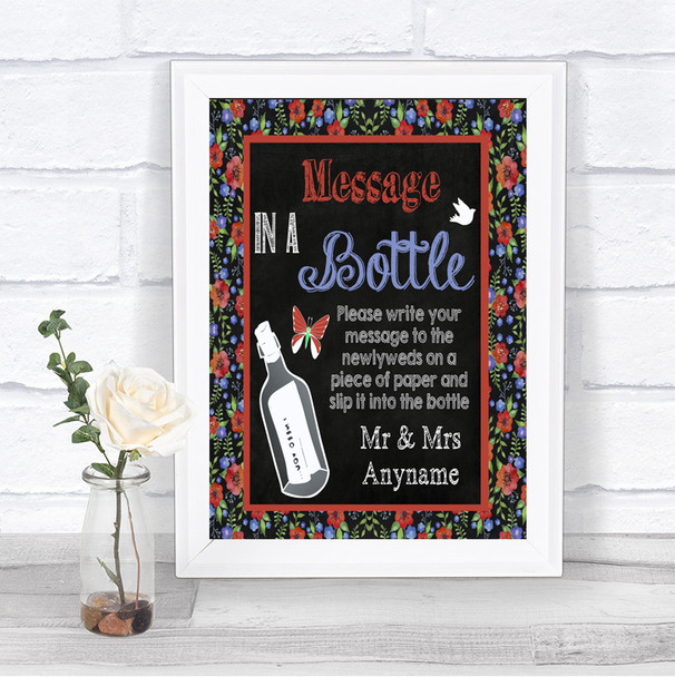 Floral Chalk Message In A Bottle Personalized Wedding Sign