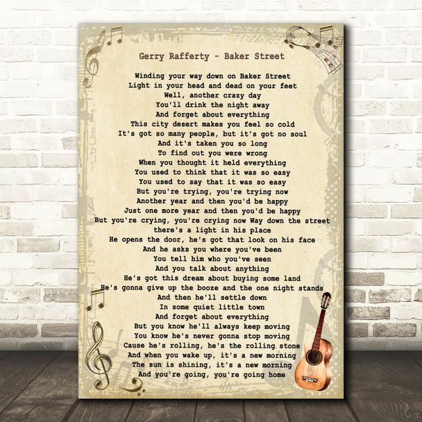 Gerry Rafferty Baker Street Vintage Guitar Song Lyric Quote Music Poster Print